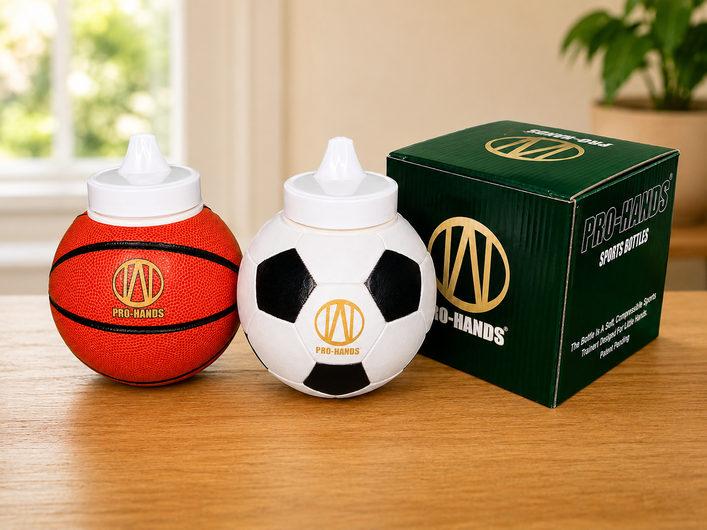 Pro-Hands Sports basketball and soccer toddler bottles with branded Pro-Hands Sports Bottles packaging