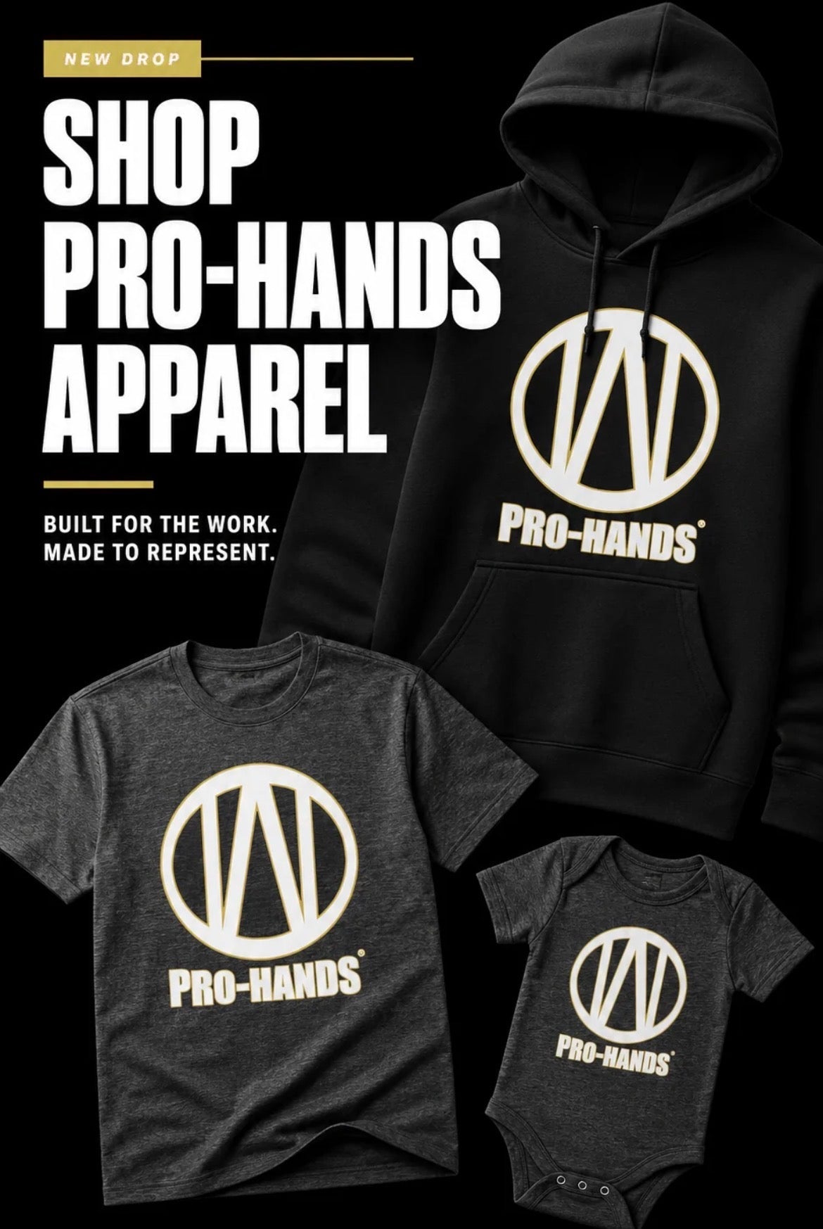 Pro-Hands Sports apparel collection with hoodie, adult T-shirt and baby bodysuit featuring the white and gold Pro-Hands logo
