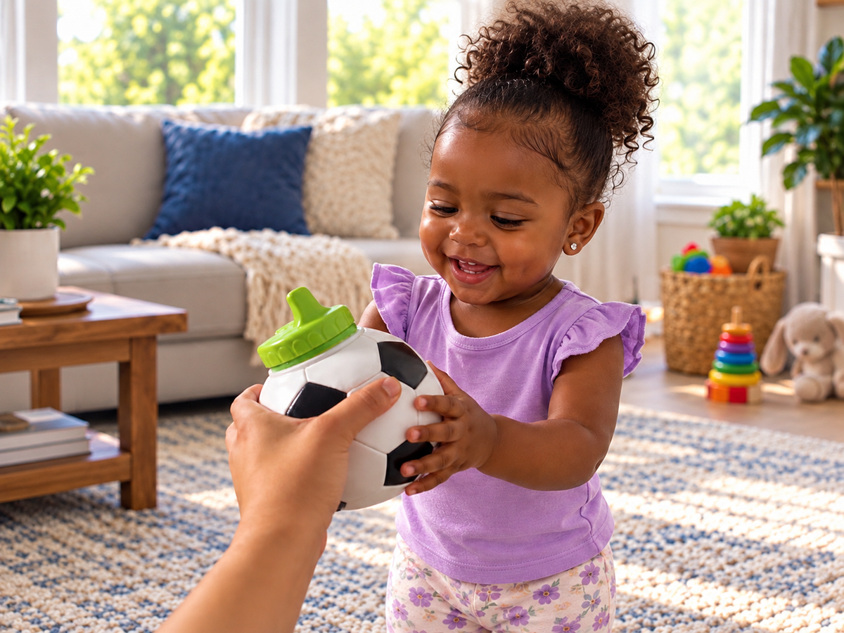 Young child reaching for a PRO-HANDS soccer sports bottle, illustrating the Three-Second Test