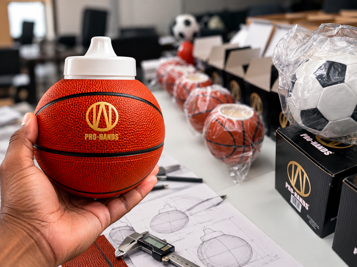 PRO-HANDS basketball sports bottle with product drawings, measurements, packaging and inventory
