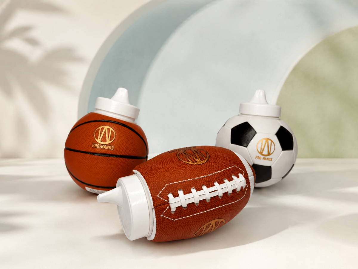 Basketball, football, and soccer Pro-Hands Sports Bottles displayed together.