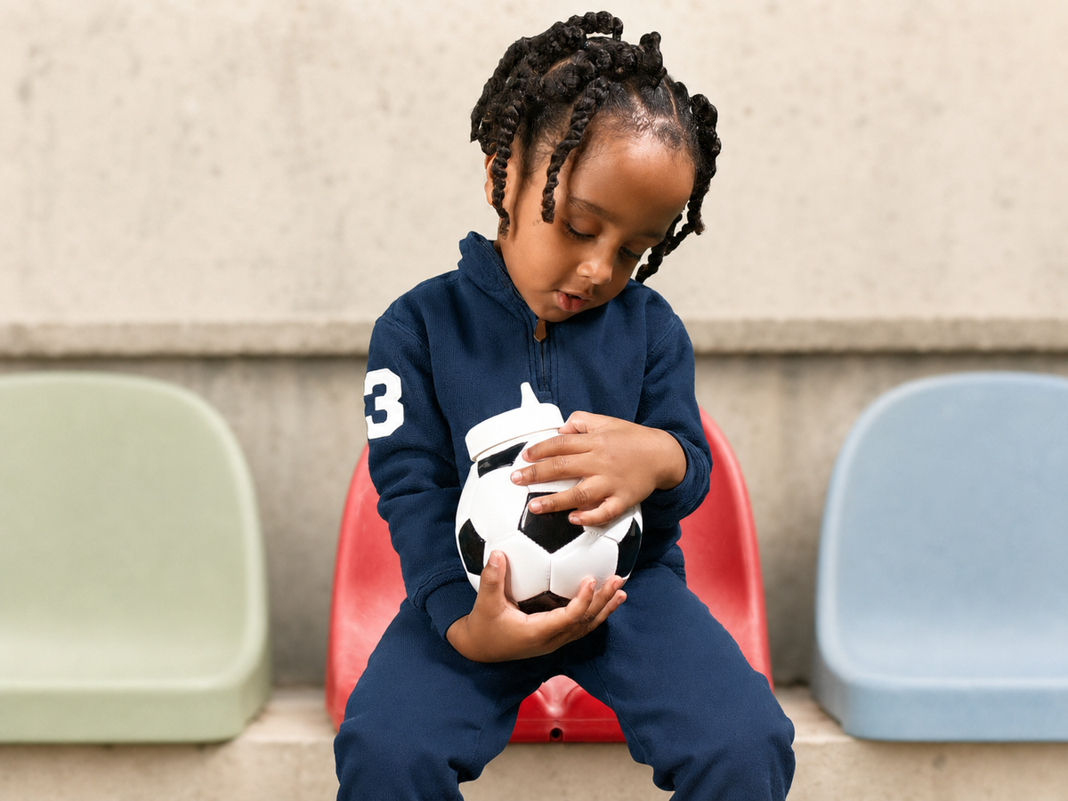 Young girl examining a soccer-shaped Pro-Hands Sports Bottle in a family activity setting.