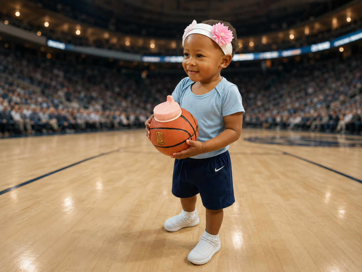 Toddler girl holding a basketball-shaped Pro-Hands Sports Bottle on a basketball court.