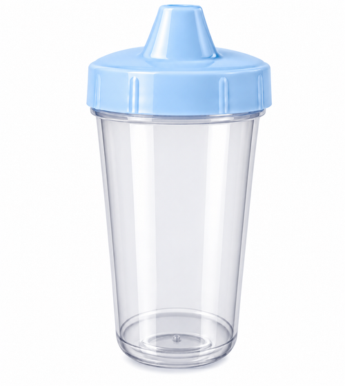 10 oz sippy cup pictured with clear body and light blue lid; assorted colors selected at random