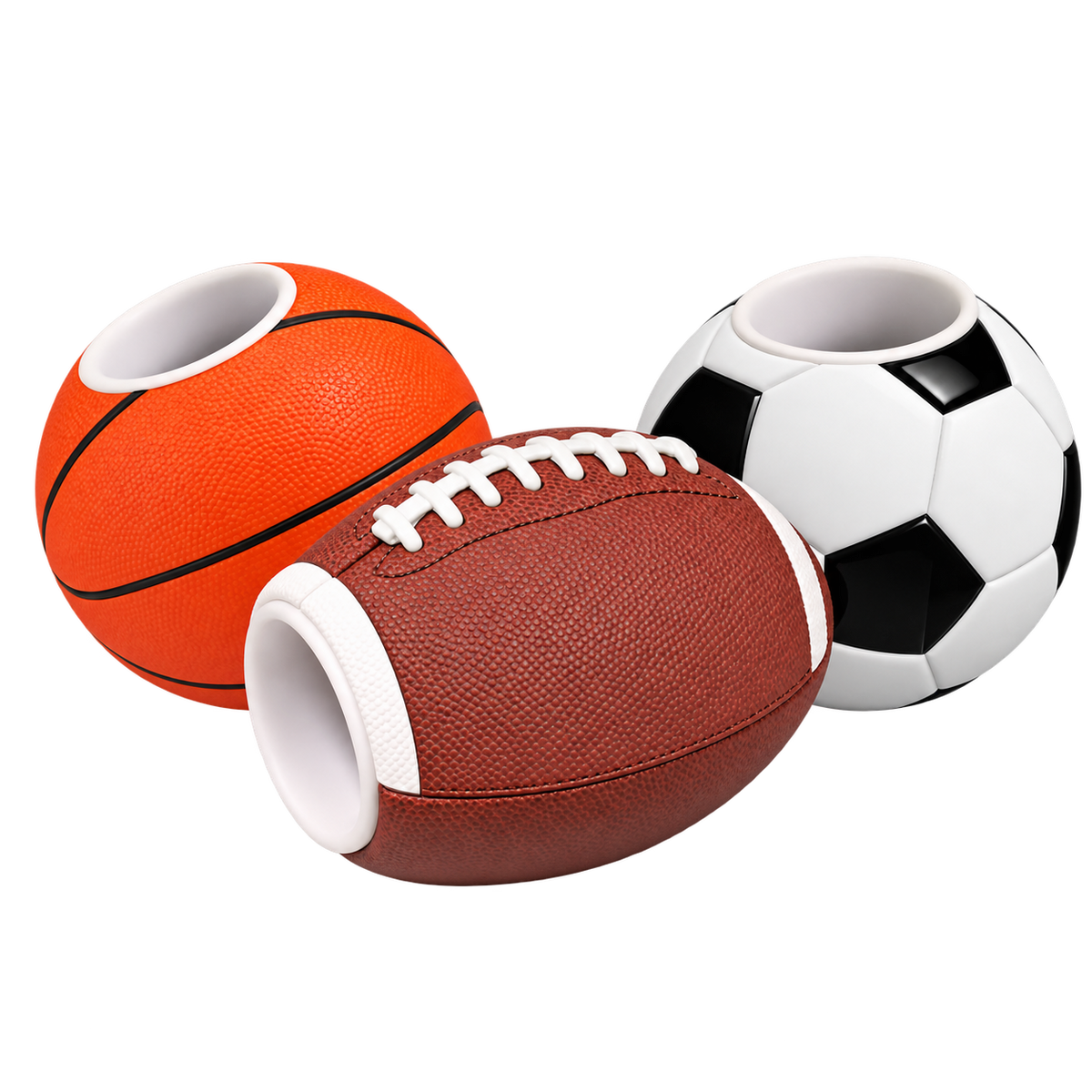 Basketball, football, and soccer Pro-Hands Sports Bottles displayed together.