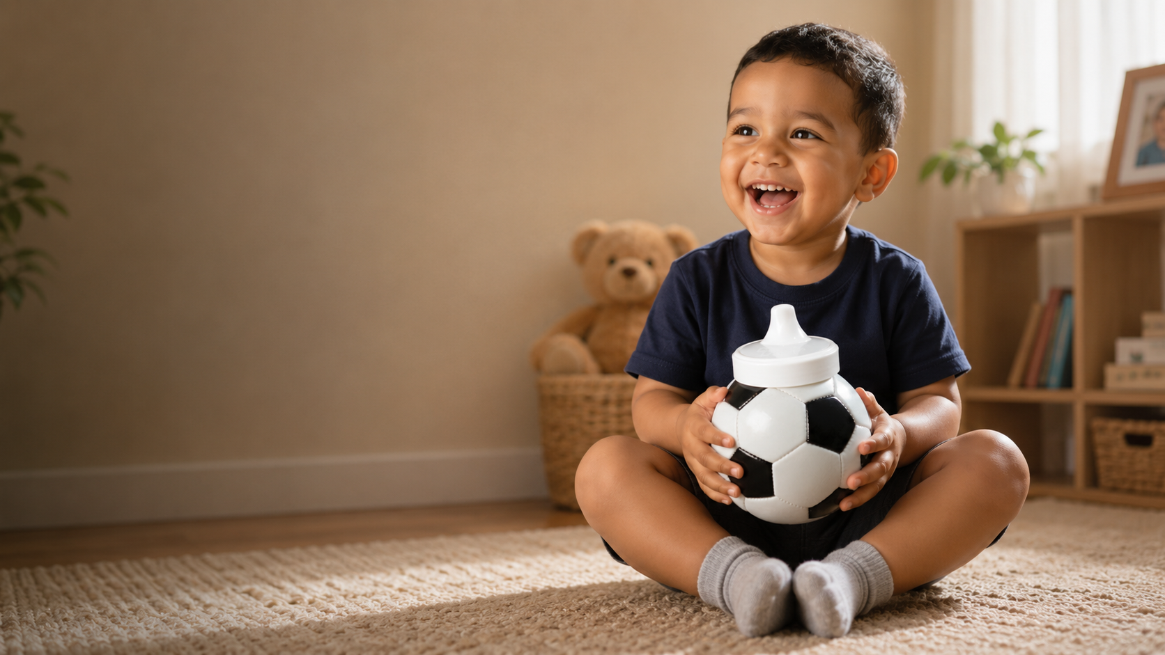Toddler holding a PRO-HANDS soccer sports bottle in a warm nursery setting
