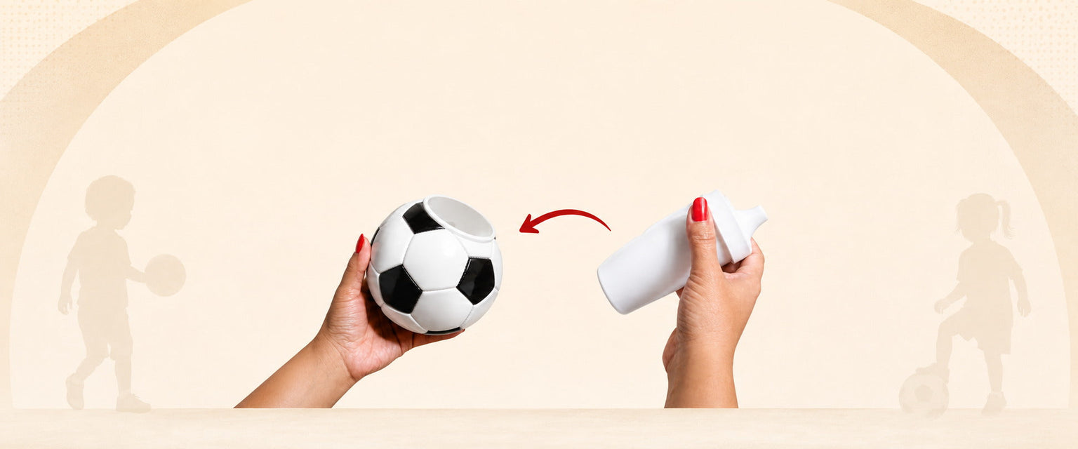 Pro-Hands soccer sports-ball holder and included 10 oz sippy cup shown separately in adult hands with a red arrow illustrating assembly.